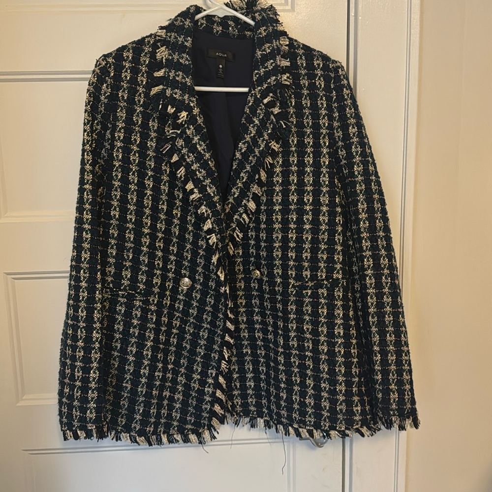 Aqua tweed blazer with fringe